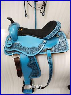 Sky/Blue Western Leather Barrel Racing Horse Saddle With Tack Set Size 15