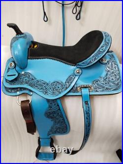 Sky/Blue Western Leather Barrel Racing Horse Saddle With Tack Set Size 15