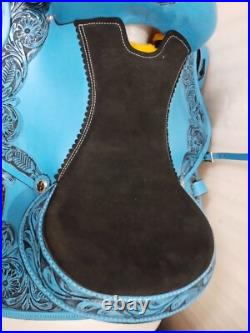 Sky/Blue Western Leather Barrel Racing Horse Saddle With Tack Set Size 15