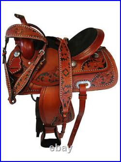 TRAIL SADDLE WESTERN HORSE PLEASURE TRAIL FLORAL TOOLED LEATHER TACK 15 16 17 in