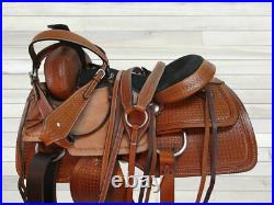 Team Roping Saddle Western Horse Trail Roper Ranch Tooled Leather Tack 15 16 17