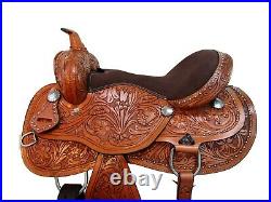 Tooled Floral Carved Genuine Leather Brown Barrel Western Cowboy Horse Saddle