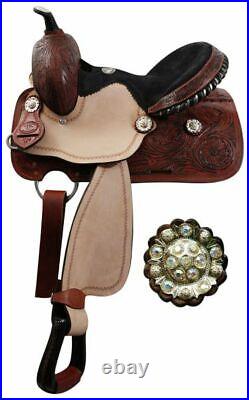 Tooled Youth Barrel Saddle with Rough Out and Crystal Rhinestone Conchos 13 NEW