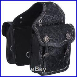 Tough-1 Leather Floral and Oak Leaf Tooled Saddle Bag with Silver Detail Black