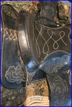 Training Saddle 10 Inch Black Tooled Leather Work Design Mexico Beautiful Vtg
