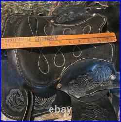 Training Saddle 10 Inch Black Tooled Leather Work Design Mexico Beautiful Vtg