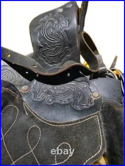 Training Saddle 10 Inch Black Tooled Leather Work Design Mexico Beautiful Vtg