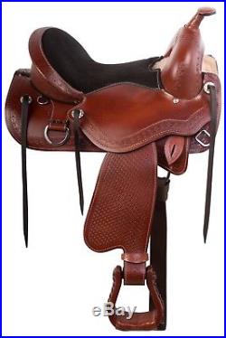 Treeless Western Pleasure Trail Leather Tooled Horse Saddle Tack 15 16 17 18