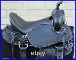 USED HAND CARVED WESTERN LEATHER PLEASURE TRAIL COMFY HORSE SADDLE 16 17 18 inch