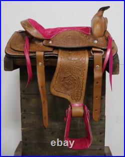 Used 10 Pink Brown Western Horse Leather Pony Kids Saddle