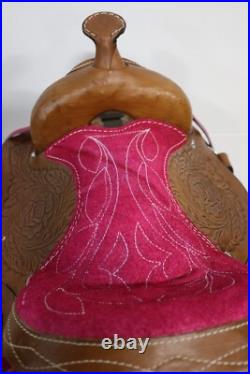 Used 10 Pink Brown Western Horse Leather Pony Kids Saddle