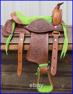 Used 10 Pony Lime Green Western Kids Mini Horse Brown Saddle