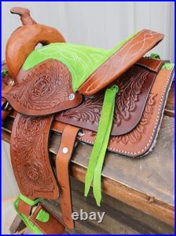 Used 10 Pony Lime Green Western Kids Mini Horse Brown Saddle