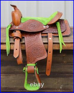 Used 10 Pony Lime Green Western Kids Mini Horse Brown Saddle