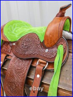 Used 10 Pony Lime Green Western Kids Mini Horse Brown Saddle