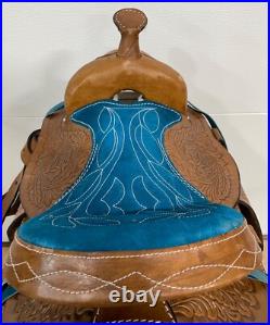 Used 10 Pony Turquoise Horse Brown Western Kids Mini Saddle