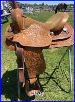 Used 15 Big Horn tooled Western all-around saddle withsemi bars US made
