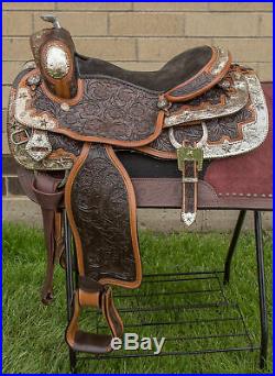 Used 16 Antique Oil Hand Carved Silver Show Western Leather Horse Saddle