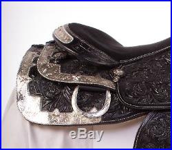 Used 16 Black Leather Western Pleasure Hand Tooled Silver Show Horse Saddle