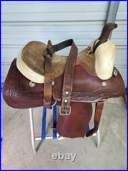 Used 16 Brown Color Leather Roping Saddle with Tooling #1790