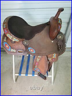 Used 16 Brown Leather Barrel saddle with Matching Bridle & Breast Collar