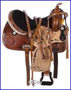 Used Black Inlay Western Barrel Racing Trail Horse Leather Saddle Tack 14 15 16