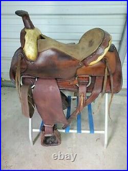 Used Older 16 Brown Leather Original Dixie Roping saddle with Rawhide
