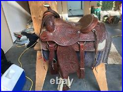 Used Western Hand carved Cherry Leather Roper Saddle 16in, with Bridle