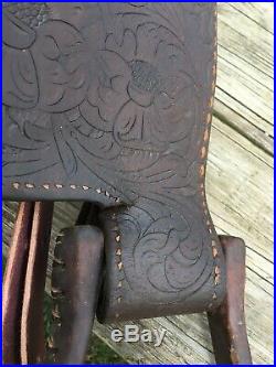 Used / vintage 16 Billy Cook tooled dark oil leather Western saddle US made