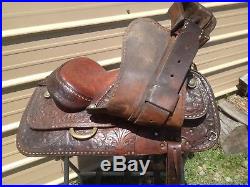 Used/vintage Circle Y 15 Western saddle withtooled & buckstitched leather