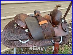 Used/vintage Cleburne Darryl Slinkard 15.5 Western reining saddle US made