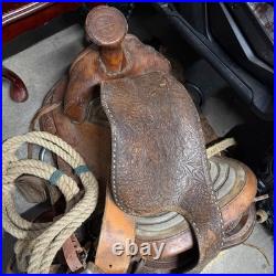 VINTAGE WESTERN BIG HORN LEATHER HORSE SADDLE SEAT WithSTRAPS