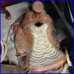 VINTAGE WESTERN BIG HORN LEATHER HORSE SADDLE SEAT WithSTRAPS