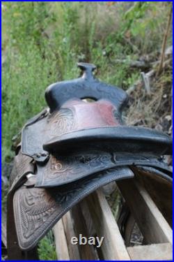 Vintage 17 Western Trail Saddle Hand-Tooled Floral Leather
