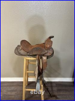 Vintage Brown Tooled Leather Big Horn Saddle. Needs cleaned up-great condition