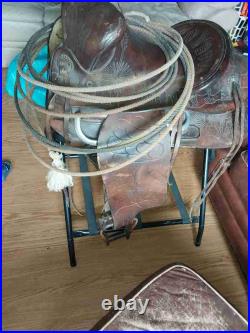 Vintage RueBush Bros Maker Deming NM Horse Saddle with Rope and Stand