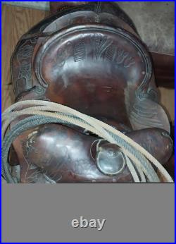 Vintage RueBush Bros Maker Deming NM Horse Saddle with Rope and Stand