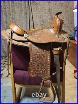 Vintage Tooled Leather Western Pony Saddle With Roughout Seat See Photos