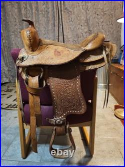 Vintage Tooled Leather Western Pony Saddle With Roughout Seat See Photos
