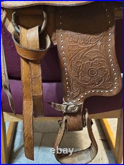 Vintage Tooled Leather Western Pony Saddle With Roughout Seat See Photos