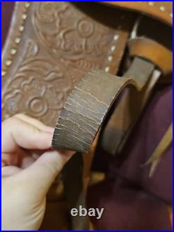 Vintage Tooled Leather Western Pony Saddle With Roughout Seat See Photos
