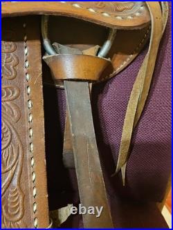 Vintage Tooled Leather Western Pony Saddle With Roughout Seat See Photos