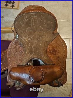 Vintage Tooled Leather Western Pony Saddle With Roughout Seat See Photos