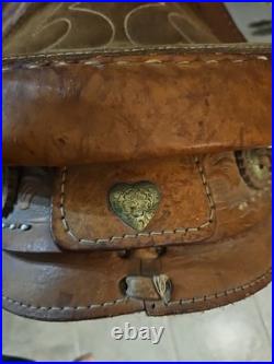 Vintage Tooled Leather Western Pony Saddle With Roughout Seat See Photos