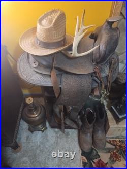 Vintage Tooled Leather Western Saddle Floral Design/ Hat/ Boots/Horns