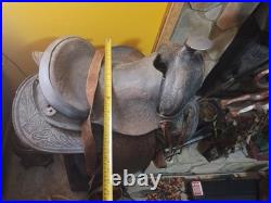 Vintage Tooled Leather Western Saddle Floral Design/ Hat/ Boots/Horns