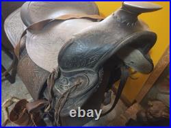 Vintage Tooled Leather Western Saddle Floral Design/ Hat/ Boots/Horns