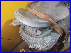 Vintage Tooled Leather Western Saddle Floral Design/ Hat/ Boots/Horns