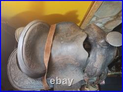 Vintage Tooled Leather Western Saddle Floral Design/ Hat/ Boots/Horns