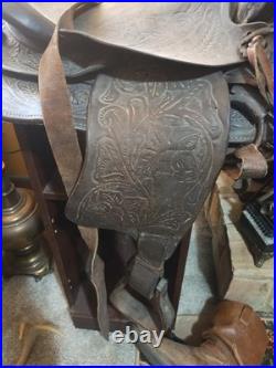Vintage Tooled Leather Western Saddle Floral Design/ Hat/ Boots/Horns